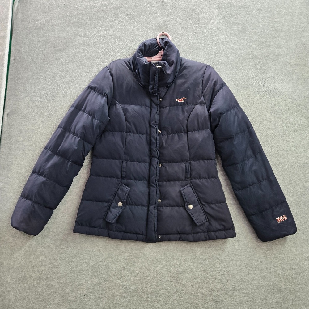Hollister Women Jacket Large Blue Puffer Down Logo Pockets Mock Neck Full Zip